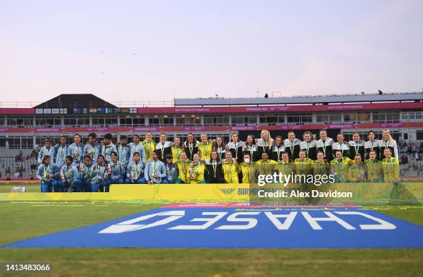 Silver Medallist Team India, Gold Medallist Team Australia and Bronze Medallist Team New Zealand pose for a photo during the Cricket T20 - Gold Medal...