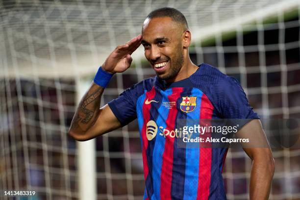 Pierre-Emerick Aubameyang of FC Barcelona celebrates after scoring his team's fifth goal during the Joan Gamper Trophy match between FC Barcelona and...