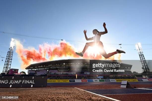 Abigail Irozuru of Team England takes part in a practice jump for the Women's Long Jump Final during Athletics Track & Field on day ten of the...
