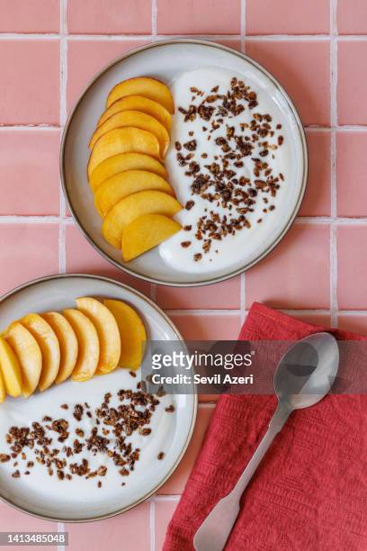 platos de desayuno saludables con granola de cacao, yogur y rodajas de melocotón - dish fotografías e imágenes de stock