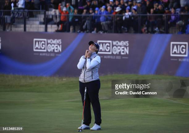 Ashleigh Buhai of South Africa reacts as she finally wins after the fourth extra hole in the final round of the AIG Women's Open at Muirfield on...