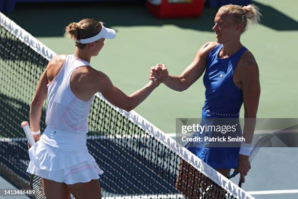 Kaia Kanepi of Estonia and Liudmila Samsonova shake hands following their Women’s Singles Final match during Day 9 of the Citi Open at Rock Creek...