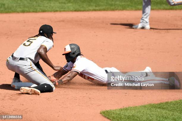 Oneil Cruz of the Pittsburgh Pirates tags out Jorge Mateo of the Baltimore Orioles trying to steal base in the fifth inning during a baseball game at...