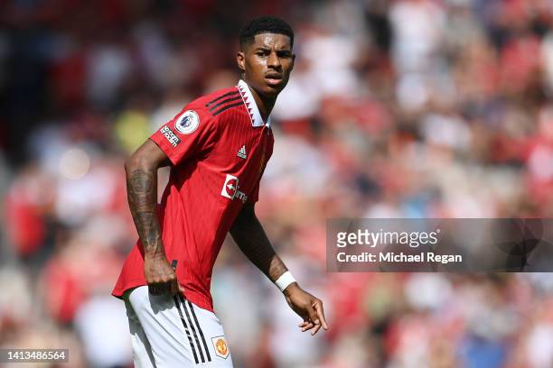 Marcus Rashford of Manchester United in action during the Premier League match between Manchester United and Brighton & Hove Albion at Old Trafford...