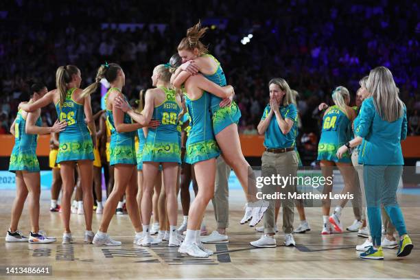 Team Australia celebrate victory during the Netball Gold Medal match between Team Jamaica and Team Australia on day ten of the Birmingham 2022...