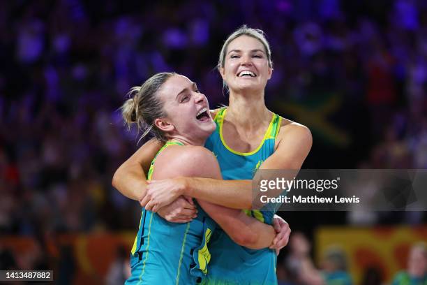 Gretel Bueta and Liz Watson of Team Australia celebrate victory during the Netball Gold Medal match between Team Jamaica and Team Australia on day...