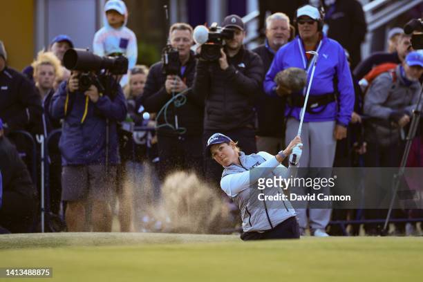 Ashleigh Buhai of South Africa plays her third shot from the green-1side bunker on the fourth extra hole in the final round of the AIG Women's Open...