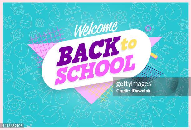 welcome back to school retro banner design with line icons background - 80s font stock illustrations