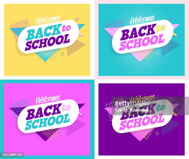 ilustraciones, imágenes clip art, dibujos animados e iconos de stock de bienvenido regreso a la escuela conjunto de fondo de diseño de banner retro - back to school