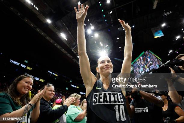 Sue Bird of the Seattle Storm waves to fans after her last regular season home game of her career against the Las Vegas Aces at Climate Pledge Arena...