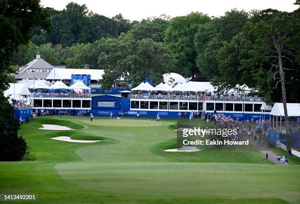 View of the 18th hole during the final round of the Wyndham Championship at Sedgefield Country Club on August 07, 2022 in Greensboro, North Carolina.