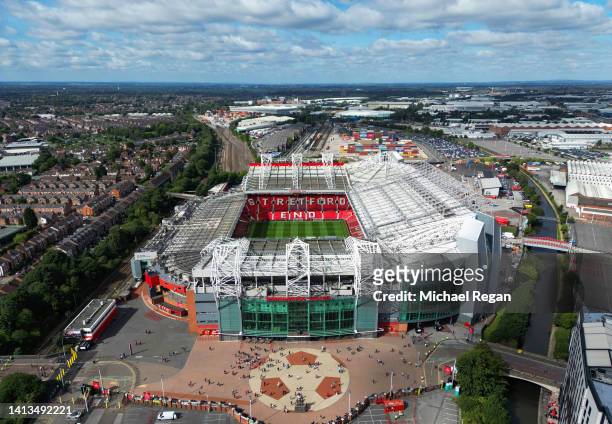 General view outside the stadium prior to the Premier League match between Manchester United and Brighton & Hove Albion at Old Trafford on August 07,...