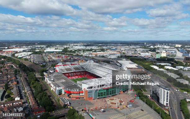 General view outside the stadium prior to the Premier League match between Manchester United and Brighton & Hove Albion at Old Trafford on August 07,...