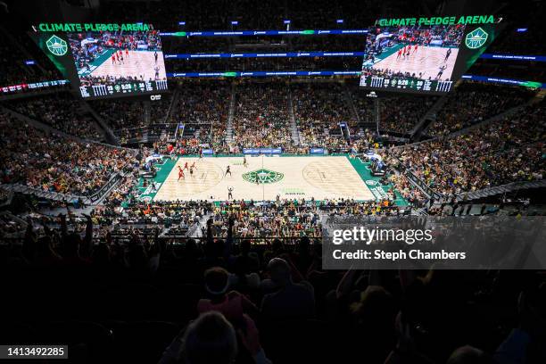 Sue Bird of the Seattle Storm scores a three point basket during the second quarter against the Las Vegas Aces during the last regular season home...