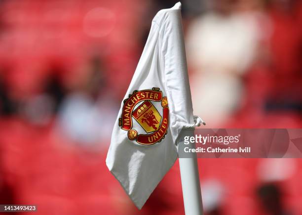 Detailed view of a corner flag with the Manchester United badge on ahead of the Premier League match between Manchester United and Brighton & Hove...