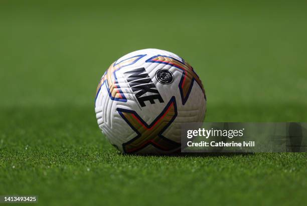 The Nike flight match ball during the Premier League match between Manchester United and Brighton & Hove Albion at Old Trafford on August 07, 2022 in...