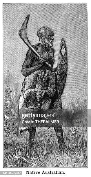 native australian engraving black and white 1898 - australian aboriginal culture stock illustrations