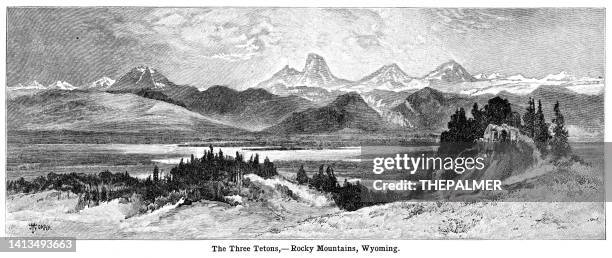 ilustraciones, imágenes clip art, dibujos animados e iconos de stock de tee three tetons, rocky mountains, wyoming - grabado en blanco y negro 1898 - wyoming