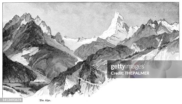 the alps engraving black and white 1898 - mountain range stock illustrations