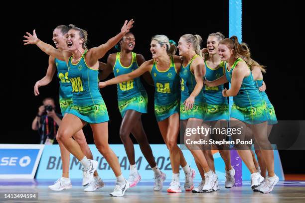 Team Australia celebrate victory during the Netball Gold Medal match between Team Jamaica and Team Australia on day ten of the Birmingham 2022...