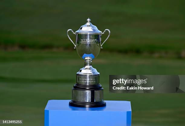 The trophy on the 18th green during the final round of the Wyndham Championship at Sedgefield Country Club on August 07, 2022 in Greensboro, North...