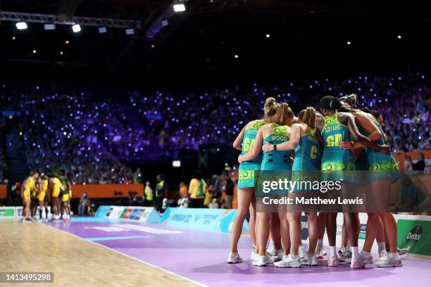 Team Australia huddle up during the Netball Gold Medal match between Team Jamaica and Team Australia on day ten of the Birmingham 2022 Commonwealth...