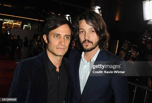 Actors Gael Garcia Bernal and Diego Luna arrive at Premiere of Pantelion Films' "Casa De Mi Padre" at Grauman's Chinese Theatre on March 14, 2012 in...