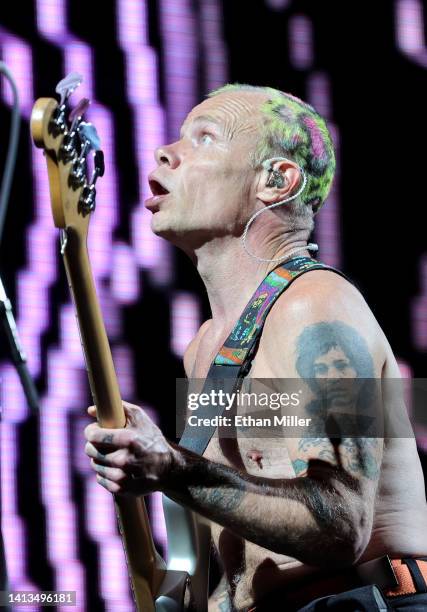 Bassist Flea of Red Hot Chili Peppers performs at Allegiant Stadium on August 06, 2022 in Las Vegas, Nevada.