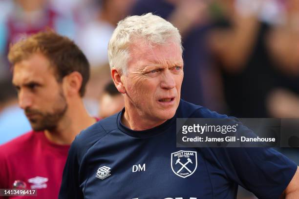David Moyes, manager of West Ham United, looks on during the Premier League match between West Ham United and Manchester City at London Stadium on...