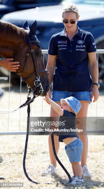 Zara Tindall and son Lucas Tindall attend day 3 of the 2022 Festival of British Eventing at Gatcombe Park on August 7, 2022 in Stroud, England.