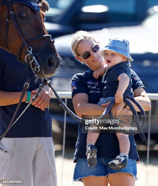 Zara Tindall and son Lucas Tindall attend day 3 of the 2022 Festival of British Eventing at Gatcombe Park on August 7, 2022 in Stroud, England.