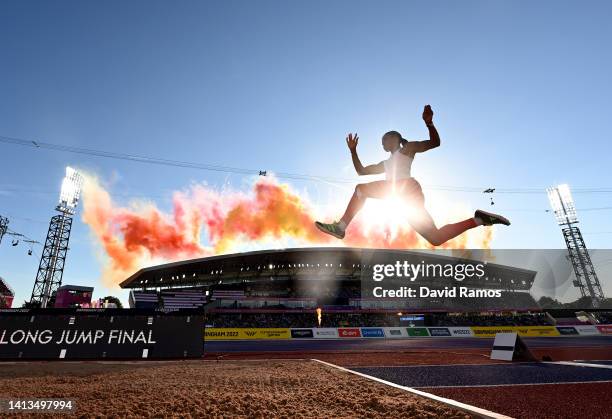 Abigail Irozuru of Team England takes part in a practice jump for the Women's Long Jump Final during Athletics Track & Field on day ten of the...