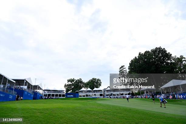 Joohyung Kim of Korea walks on the 18th green during the final round of the Wyndham Championship at Sedgefield Country Club on August 07, 2022 in...
