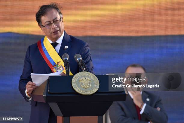 President of Colombia Gustavo Petro speaks during the presidential inauguration at Plaza Bolivar on August 07, 2022 in Bogota, Colombia. Leftist...