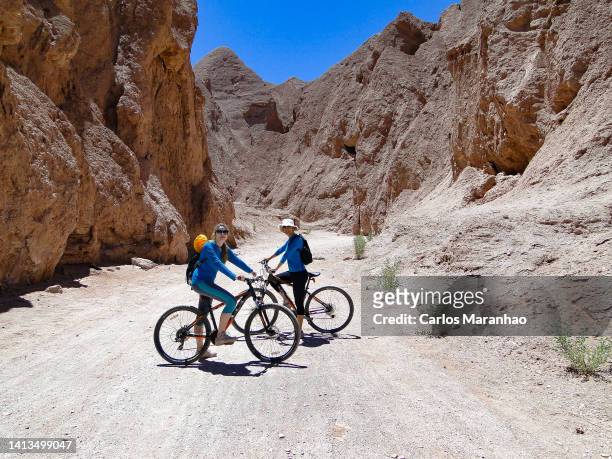 women cycling in the atacama desert - atacama desert chile stock pictures, royalty-free photos & images