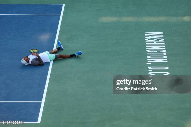 Nick Kyrgios of Australia celebrates winning match point against Yoshihito Nishioka of Japan in their Men's Singles Final match during Day 9 of the...