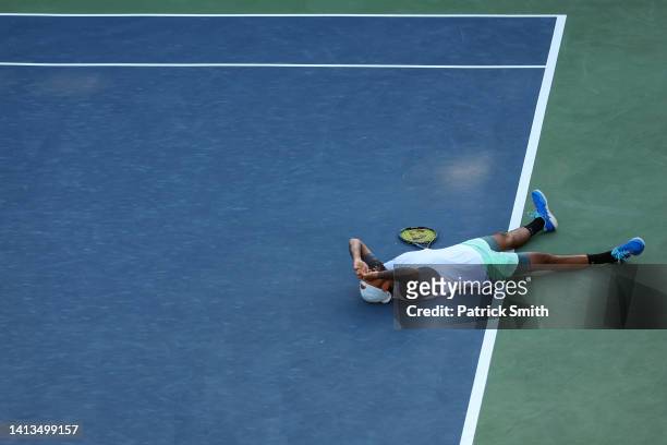 Nick Kyrgios of Australia celebrates winning match point against Yoshihito Nishioka of Japan in their Men's Singles Final match during Day 9 of the...