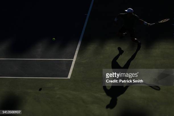 Yoshihito Nishioka of Japan returns a shot to Nick Kyrgios of Australia in their Men's Singles Final match during Day 9 of the Citi Open at Rock...