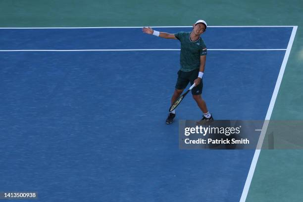 Yoshihito Nishioka of Japan reacts against Nick Kyrgios of Australia in their Men's Singles Final match during Day 9 of the Citi Open at Rock Creek...