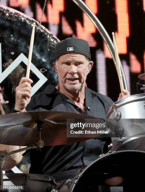 Drummer Chad Smith of Red Hot Chili Peppers performs at Allegiant Stadium on August 06, 2022 in Las Vegas, Nevada.