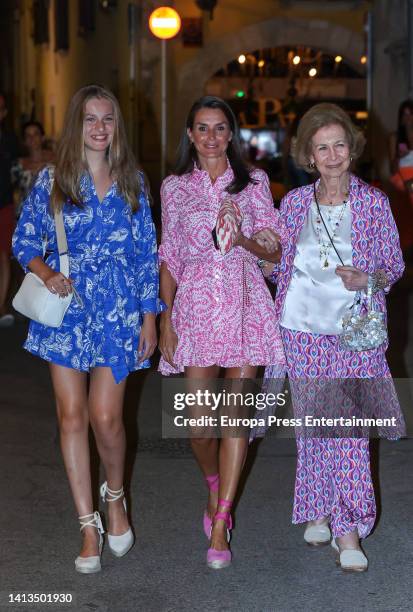 Princess Leonor, Queen Letizia and Queen Sofia leave a restaurant specializing in modern food where they enjoyed an intimate dinner, on August 7 in...