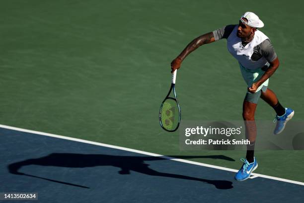 Nick Kyrgios of Australia returns a shot to Yoshihito Nishioka of Japan in their Men's Singles Final match during Day 9 of the Citi Open at Rock...