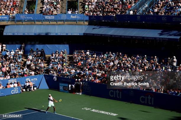 Nick Kyrgios of Australia returns a shot to Yoshihito Nishioka of Japan in their Men's Singles Final match during Day 9 of the Citi Open at Rock...