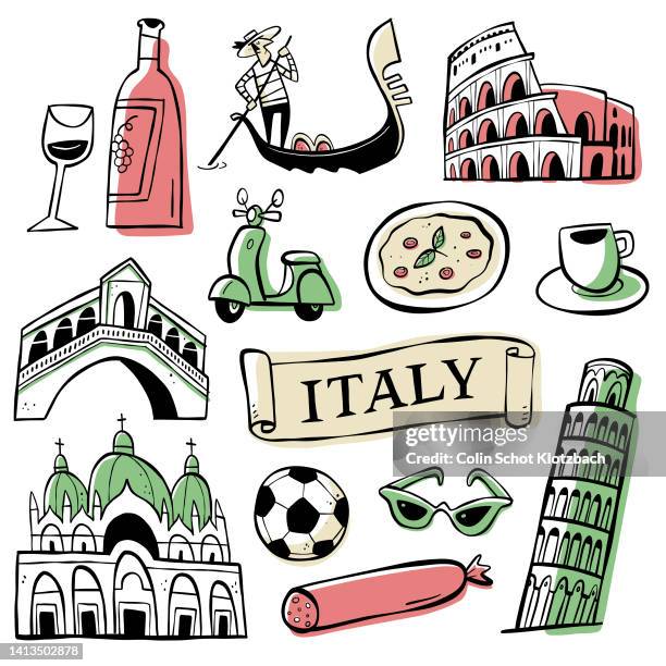 illustrations, cliparts, dessins animés et icônes de icônes doodle italie - culture italienne