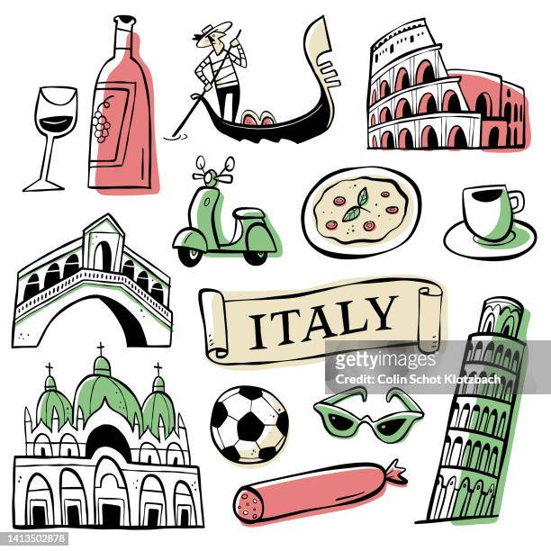 ilustrações de stock, clip art, desenhos animados e ícones de italy doodle icons - italy