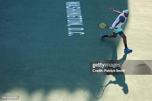 Nick Kyrgios of Australia returns a shot to Yoshihito Nishioka of Japan in their Men's Singles Final match during Day 9 of the Citi Open at Rock...