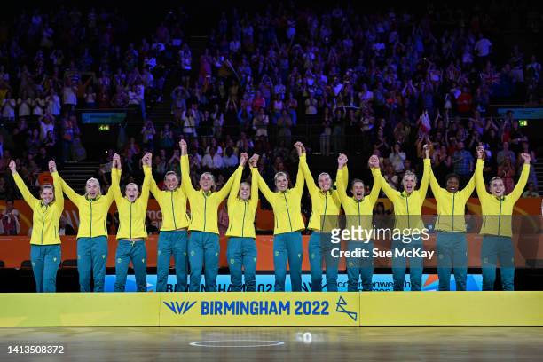 Team Australia receives their gold medal after winning the Final match between Jamaica and Australia on day ten of the Birmingham 2022 Commonwealth...
