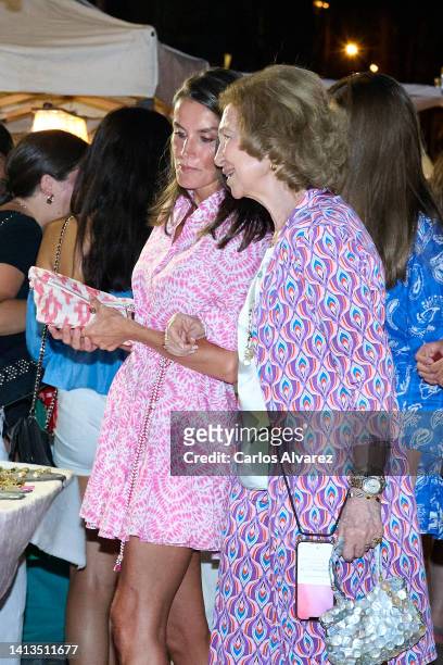 Queen Sofia and Queen Letizia of Spain are seen visiting the Paseo de Sagrera market on August 07, 2022 in Palma de Mallorca, Spain.