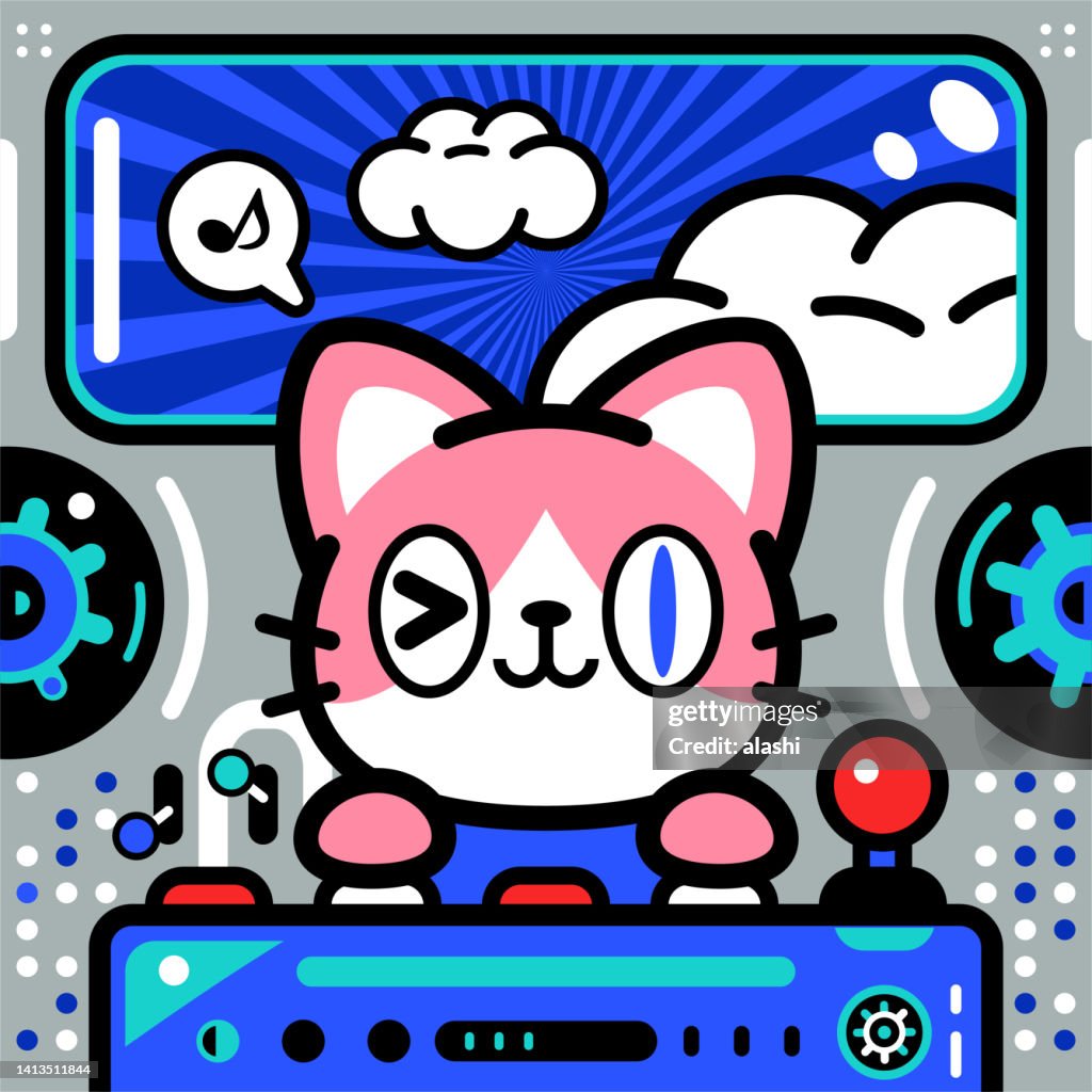A cute calico cat is piloting an Unlimited Power Spaceship or UFO