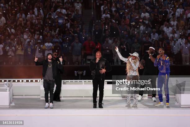 Eminem, Kendrick Lamar, Dr. Dre, Mary J. Blige, 50 Cent and Snoop Dogg perform at the halftime show during the NFL Super Bowl 56 football game, at...